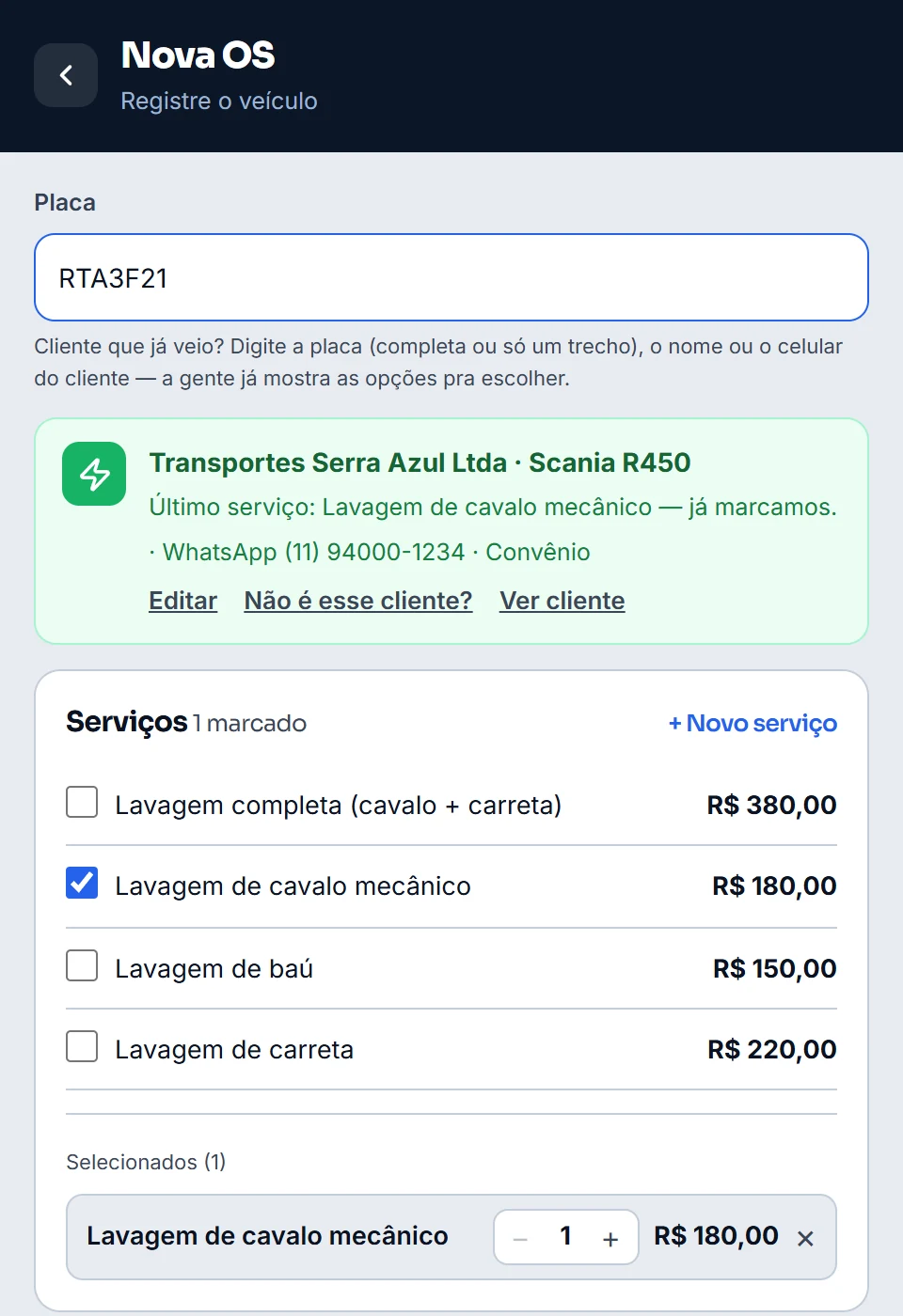 Nova OS no Minha Flanela: a placa RTA3F21 trouxe a Transportes Serra Azul, o Scania R450 e o último serviço já marcado