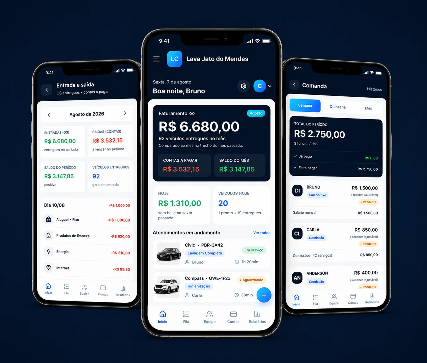 Telas do Minha Flanela: contas a pagar, painel do dia e pagamento da equipe